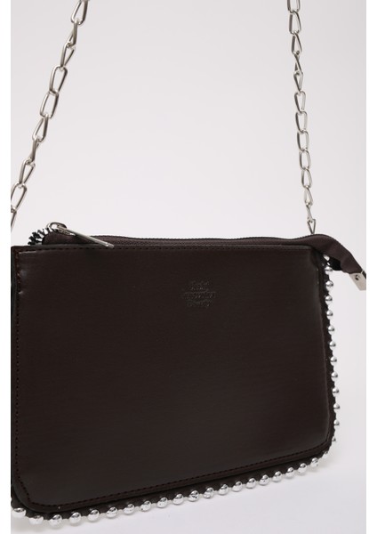 Kahve Rengi SHK125 Suni Deri Boncuk Detaylı Fermuarlı Tek Bölmeli Zincir Askılı Omuz Çantası indirimleri
