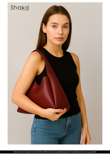 Bordo SHK19 Suni Deri, Çıtçıtlı, Tek Bölmeli, Fermuarlı Makyaj Çantalı, El, Kol ve Omuz Çantası