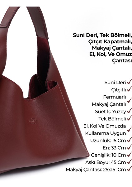 Bordo SHK19 Suni Deri, Çıtçıtlı, Tek Bölmeli, Fermuarlı Makyaj Çantalı, El, Kol ve Omuz Çantası