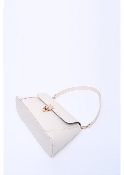 Krem SHK153 Suni Deri Kilit Detaylı Standart Askılı Tek Bölmeli El, Kol ve Omuz Çantası U:15 E:29 G:9 cm