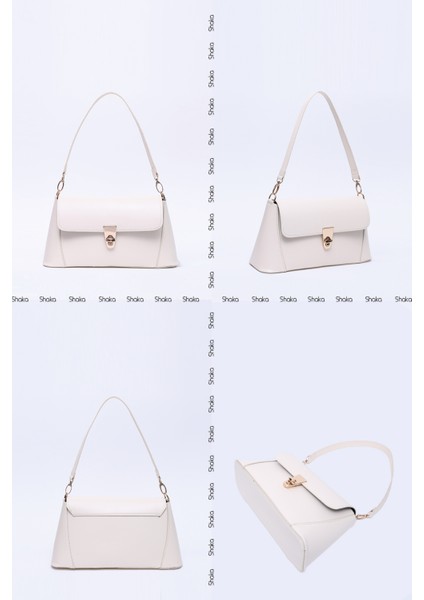 Krem SHK153 Suni Deri Kilit Detaylı Standart Askılı Tek Bölmeli El, Kol ve Omuz Çantası U:15 E:29 G:9 cm