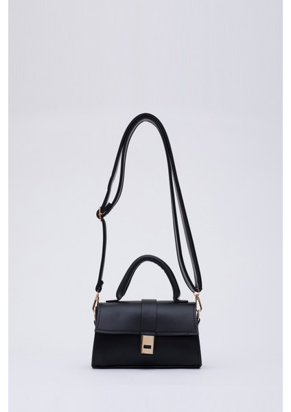 Siyah SHK109 Suni Deri Çıtçıtlı Ayarlanabilir Askılı Kadın El, Kol ve Omuz Çantası U:11 E:19 G:7 cm