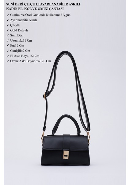 Siyah SHK109 Suni Deri Çıtçıtlı Ayarlanabilir Askılı Kadın El, Kol ve Omuz Çantası U:11 E:19 G:7 cm modelleri