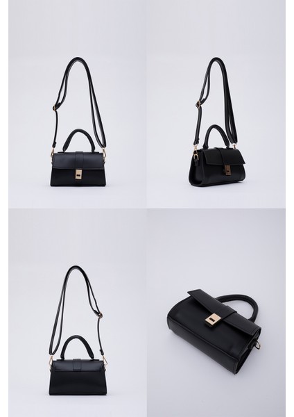 Siyah SHK109 Suni Deri Çıtçıtlı Ayarlanabilir Askılı Kadın El, Kol ve Omuz Çantası U:11 E:19 G:7 cm