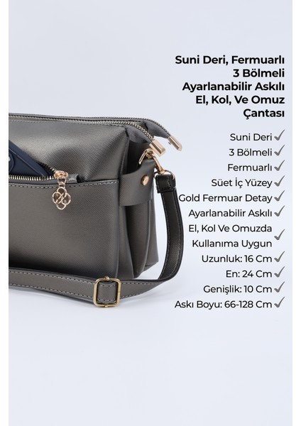 Gümüş SHK226 Suni Deri, Fermuarlı 3 Bölmeli El, Kol ve Omuz Çantası