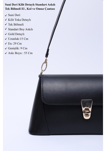 Siyah SHK153 Suni Deri Kilit Detaylı Standart Askılı Tek Bölmeli El, Kol ve Omuz Çantası U:15 E:29 G:9 cm modelleri