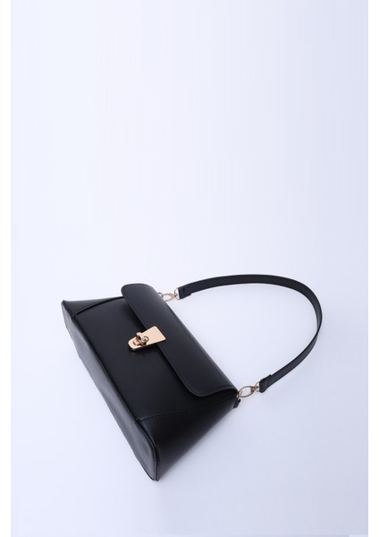 Siyah SHK153 Suni Deri Kilit Detaylı Standart Askılı Tek Bölmeli El, Kol ve Omuz Çantası U:15 E:29 G:9 cm