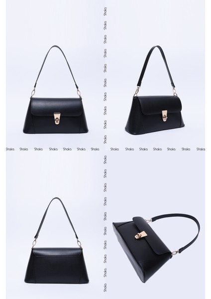 Siyah SHK153 Suni Deri Kilit Detaylı Standart Askılı Tek Bölmeli El, Kol ve Omuz Çantası U:15 E:29 G:9 cm