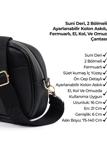 Siyah SHK194 Suni Deri Fermuarlı 2 Bölmeli Ayarlanabilir Kolon Askılı Omuz Çantası