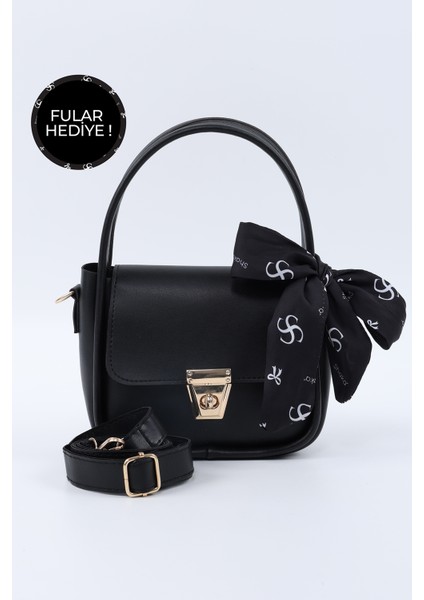 Siyah SHK235 Suni Deri Tek Bölmeli Fular Hediyeli El Kol ve Omuz Çantası
