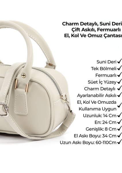 Krem SHK207 Suni Deri Charm Detaylı Fermuarlı Ayarlanabilir Askılı El, Kol ve Omuz Çantası U:14 E:24 G:8 cm