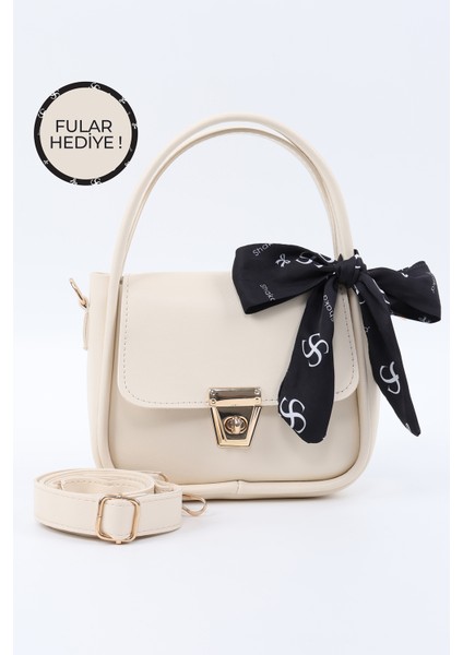 Krem SHK235 Suni Deri Tek Bölmeli Fular Hediyeli El Kol ve Omuz Çantası