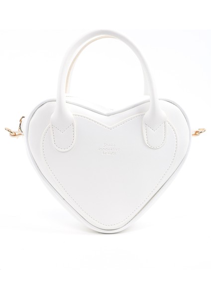 Beyaz SHK236 Suni Deri Fermuarlı Tek Bölmeli Kalp Model El, Kol ve Omuz Çantası