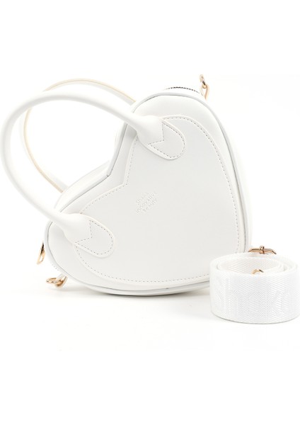 Beyaz SHK236 Suni Deri Fermuarlı Tek Bölmeli Kalp Model El, Kol ve Omuz Çantası