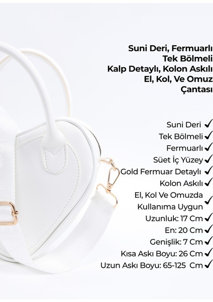 Beyaz SHK236 Suni Deri Fermuarlı Tek Bölmeli Kalp Model El, Kol ve Omuz Çantası