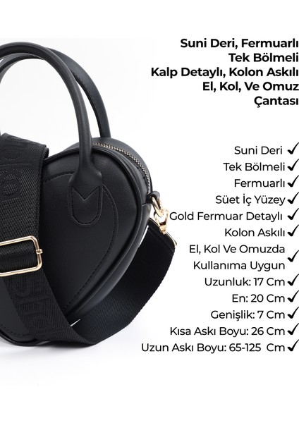 Siyah SHK236 Suni Deri Fermuarlı Tek Bölmeli Kalp Model El, Kol ve Omuz Çantası