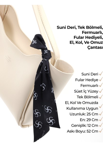 Krem SHK240 Suni Deri Fermuarlı Tek Bölmeli Fular Hediyeli El,kol ve Omuz Çantası