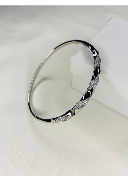 Zirkon Taşlı Şık Tasarım Çelik Kadın Kelepçe Bileklik