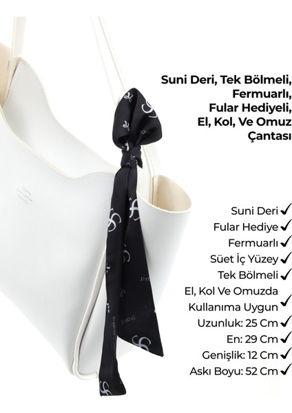 Beyaz SHK240 Suni Deri Fermuarlı Tek Bölmeli Fular Hediyeli El,kol ve Omuz Çantası