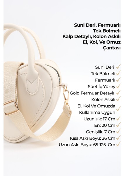 Krem SHK236 Suni Deri Fermuarlı Tek Bölmeli Kalp Model El, Kol ve Omuz Çantası
