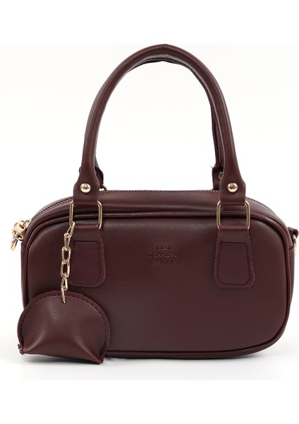 Bordo SHK207 Suni Deri Charm Detaylı Fermuarlı Ayarlanabilir Askılı El, Kol ve Omuz Çantası U:14 E:24 G:8 cm