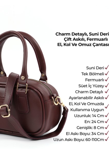 Bordo SHK207 Suni Deri Charm Detaylı Fermuarlı Ayarlanabilir Askılı El, Kol ve Omuz Çantası U:14 E:24 G:8 cm