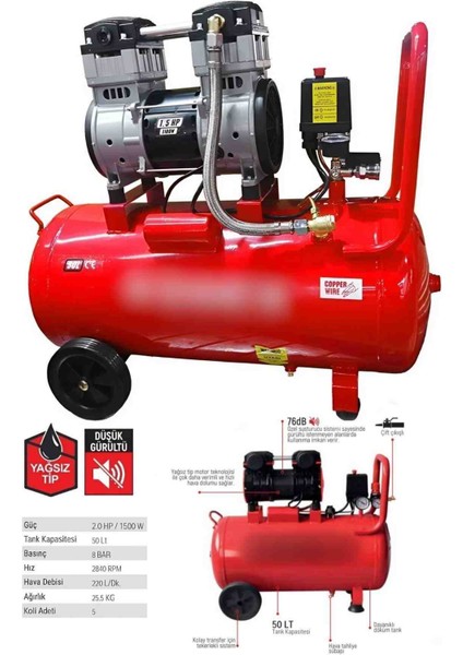 Yağsız Hava Kompresörü 1100 W Yüksek Hava Basıncı Güçlü Motor Sessiz Yağsız Çalışma