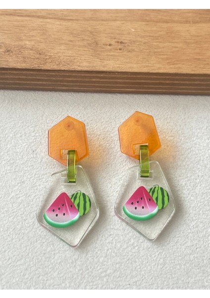 Karpuz Desenli Şık Tasarım Sallantılı Küpe