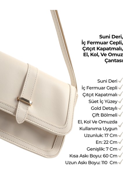 Krem SHK127 Suni Deri Iç Fermuar Cepli Çıtçıt Kapamalı El,kol ve Omuz Çantası U:17 E:22 G:7 cm