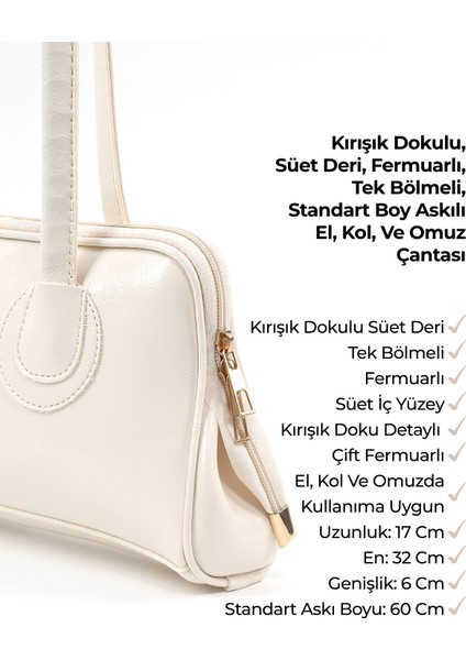 Krem SHK227 Kırışık Dokulu,suni Deri, Fermuarlı ,tek Bölmeli ,askılı El, Kol ve Omuz Çantası