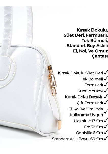 Beyaz SHK227 Kırışık Dokulu,suni Deri, Fermuarlı ,tek Bölmeli ,askılı El, Kol ve Omuz Çantası