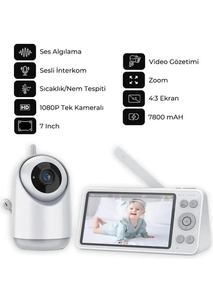 Enshal Yeni Gece Görüşlü Bonoch 7'' 1080P Hd 7800 Mah Şarjlı Bebek Izleme Monitör ve Kamerası