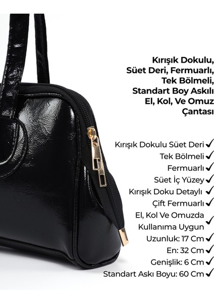 Siyah SHK227 Kırışık Dokulu,suni Deri, Fermuarlı ,tek Bölmeli ,askılı El, Kol ve Omuz Çantası