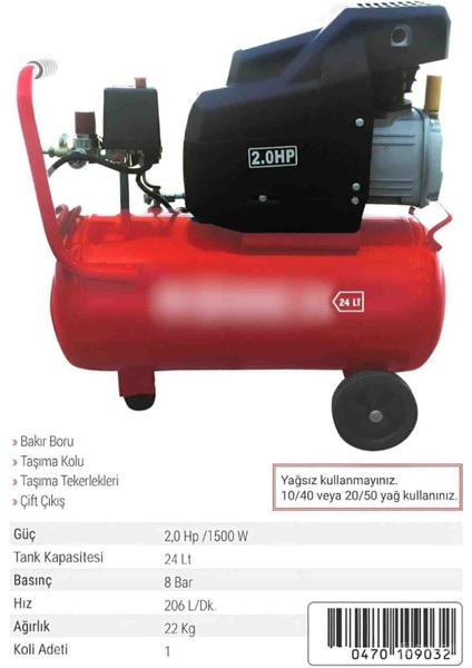 İyisi Yok 24 Litre Yüksek Basınçlı Hava Koperasörü 1500W