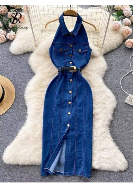 Kadın Mavi Renk Önü Düğmeli Rahat Kesim Denim Elbise Kot Elbise Denim Dress fiyatları