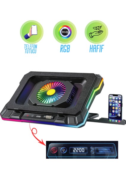 Gaming Laptop Notebook Soğutucu Stand Telefon Tutucu Stant 2200RPM Rgb Işıklı LED Display