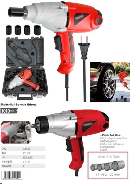 İyisi Yok Elektrikli Oto Araba Lastik Somun Sıkma Sökme Matkap 1010W 450 N.m Kablolu 4 Lokma Anahtar Çantalı