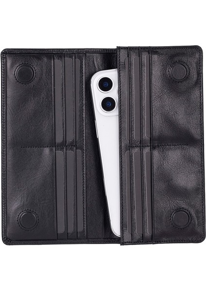 Aura Hakiki Deri, El Yapımı, Telefon Bölmeli, Kadın Cüzdanı, Kömür Siyahı