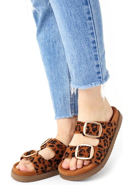 Hakiki Deri Kadın Terlik Taba Leopar Desenli Süet Vandia