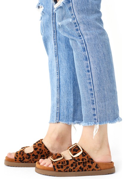 Hakiki Deri Kadın Terlik Taba Leopar Desenli Süet Vandia fiyatları