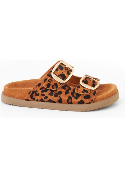 Hakiki Deri Kadın Terlik Taba Leopar Desenli Süet Vandia modelleri