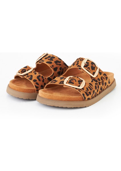 Hakiki Deri Kadın Terlik Taba Leopar Desenli Süet Vandia indirimleri