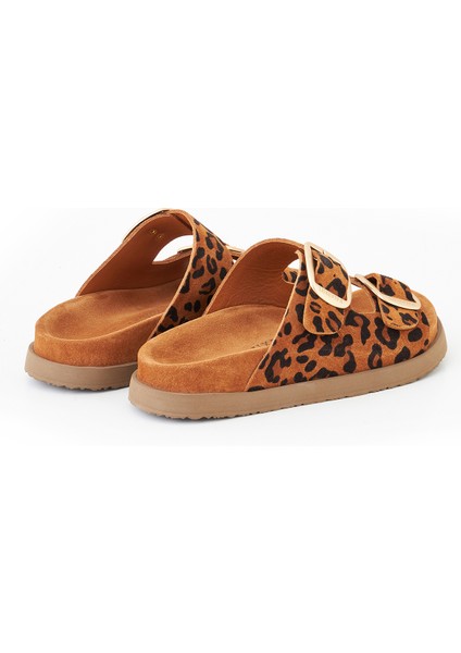 Hakiki Deri Kadın Terlik Taba Leopar Desenli Süet Vandia