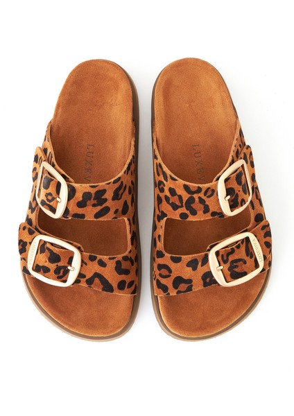 Hakiki Deri Kadın Terlik Taba Leopar Desenli Süet Vandia