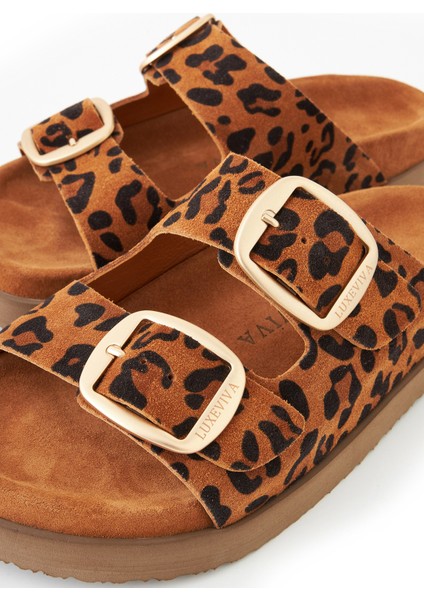 Hakiki Deri Kadın Terlik Taba Leopar Desenli Süet Vandia