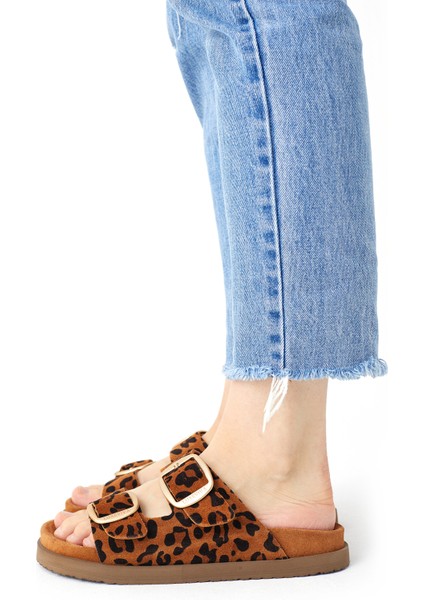 Hakiki Deri Kadın Terlik Taba Leopar Desenli Süet Vandia