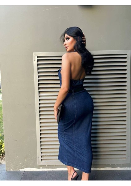 Kemerli Kot Elbise Denim Likralı Sırt Dırapeli fiyatları
