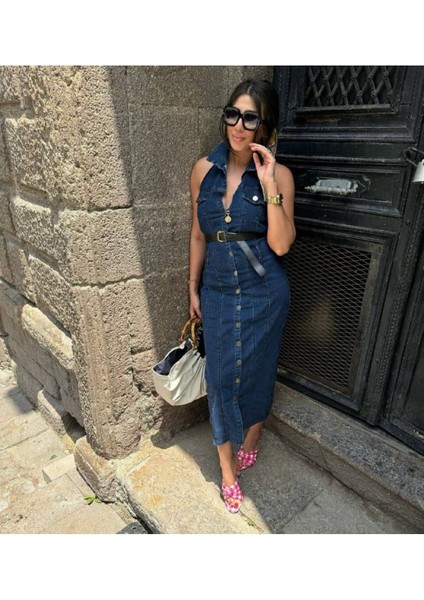 Kemerli Kot Elbise Denim Likralı Sırt Dırapeli