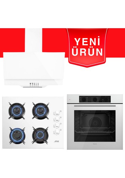 & Afm Tech Fethy Series Beyaz Cam Ankastre Set (Ferre QBL62CB + Fm 3301W + Fm 2201W)