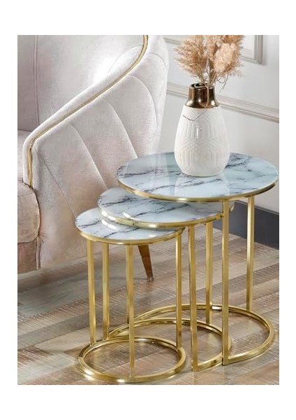 Lü Beyaz Mermer Temperli Gold Metal Zigon Sehpa modelleri